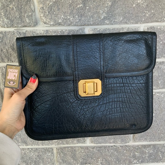 Vintage Y2K JUICY COUTURE Leather Steel Grey Flat Large Clutch Bag BRAND NEW - Picture 1 of 16